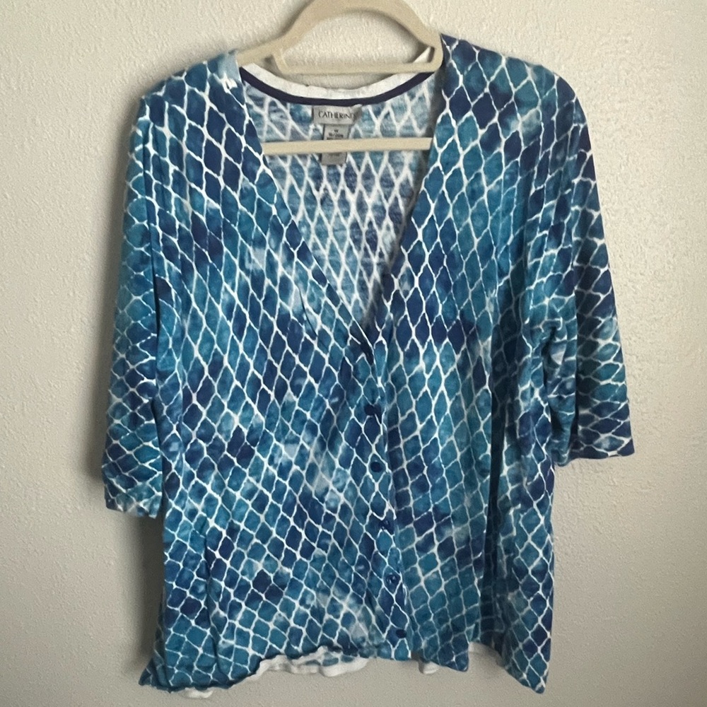 Catherine’s Underwater Geometric Button Cardigan Blue and White Size 1XL